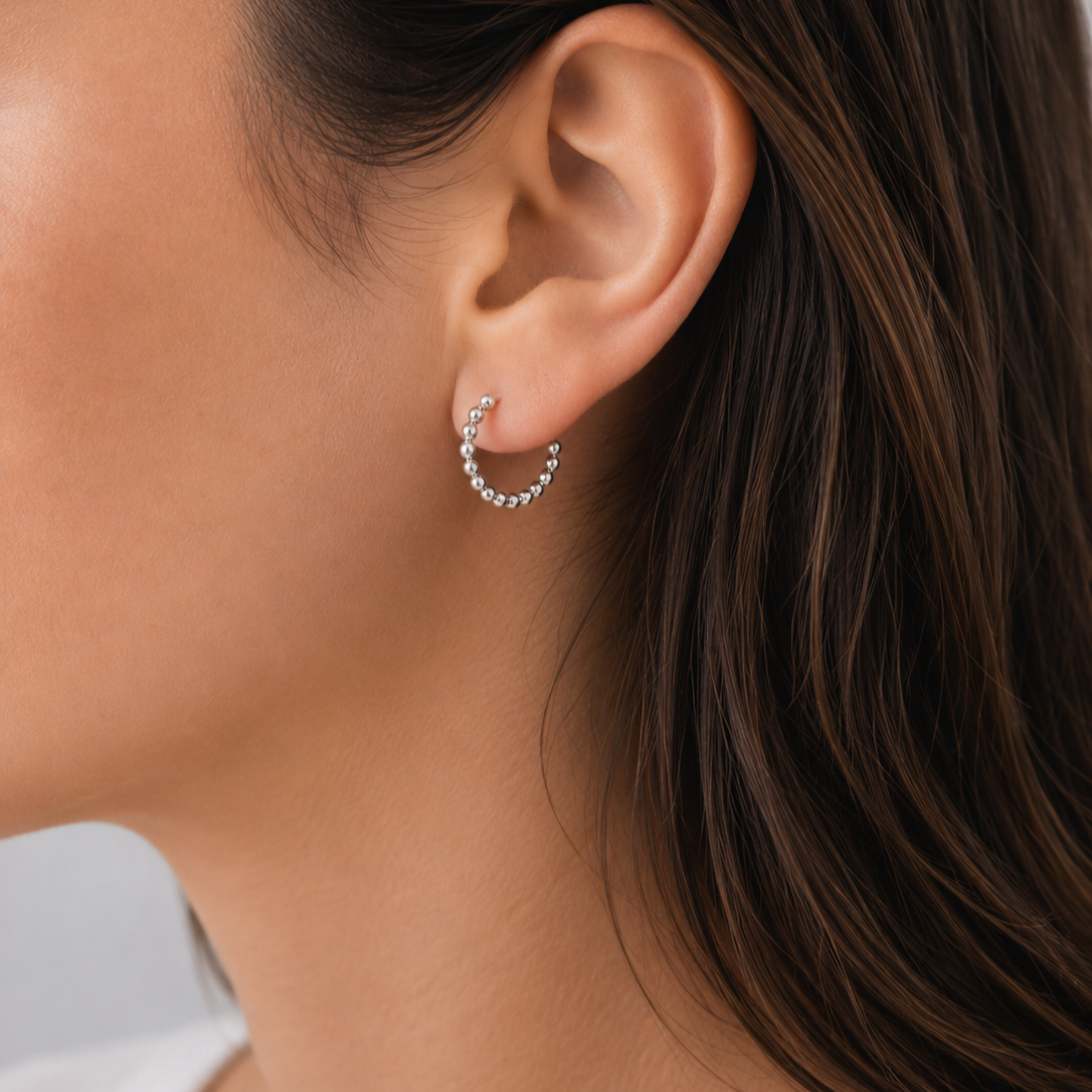 Sterling Silver Bead Hoop Earrings