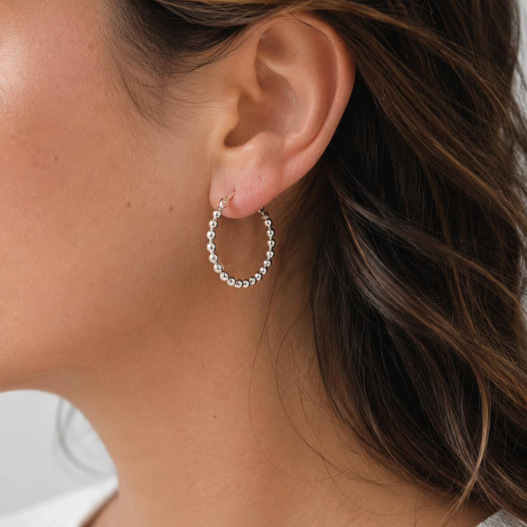 Sterling Silver Beaded Creole Earrings