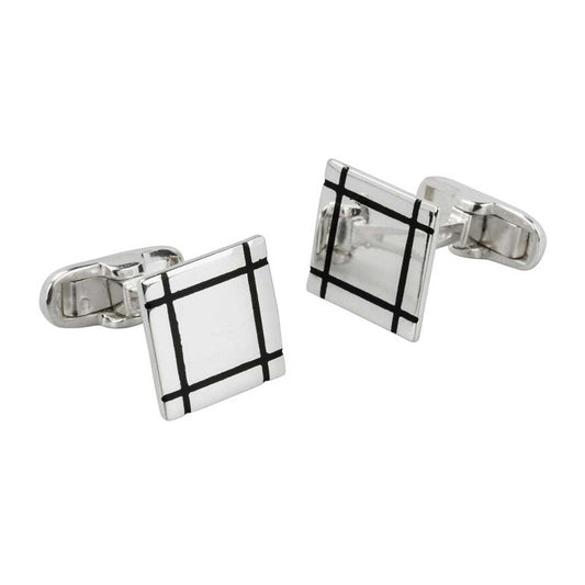 Sterling Silver Square Cufflinks with Black Lines